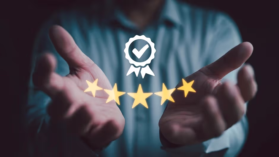 Open hands under five gold stars and a checkmark badge, suggesting high service quality