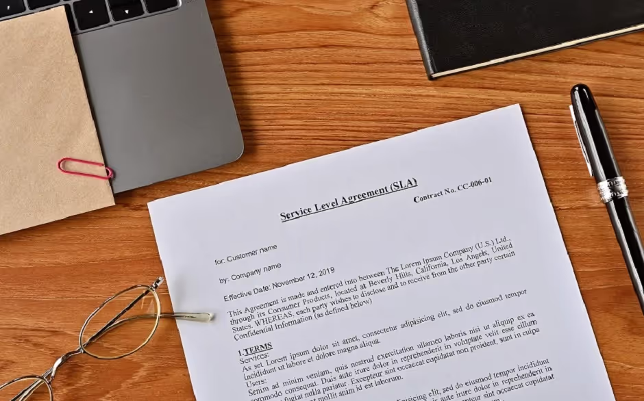 Printed service level agreement on a wooden desk beside a pen and glasses
