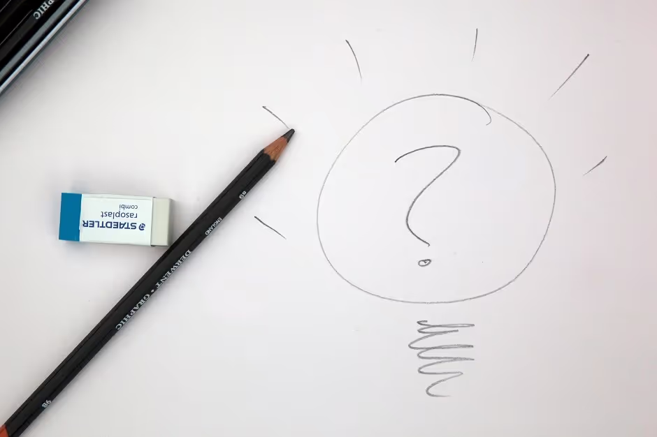 Pencil drawing of a light bulb with a question mark, a pencil and an eraser