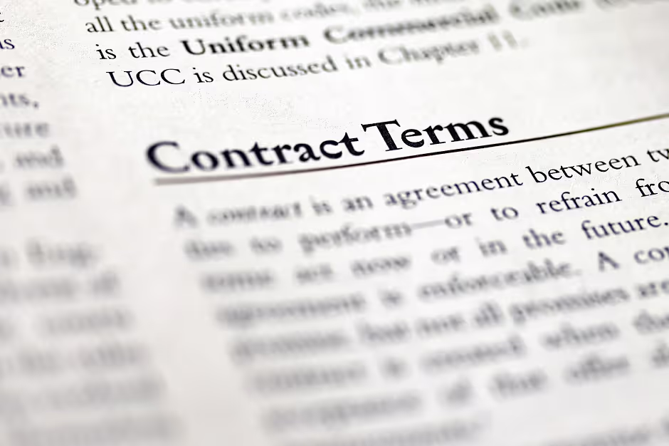 Close-up of a law book page headed Contract Terms