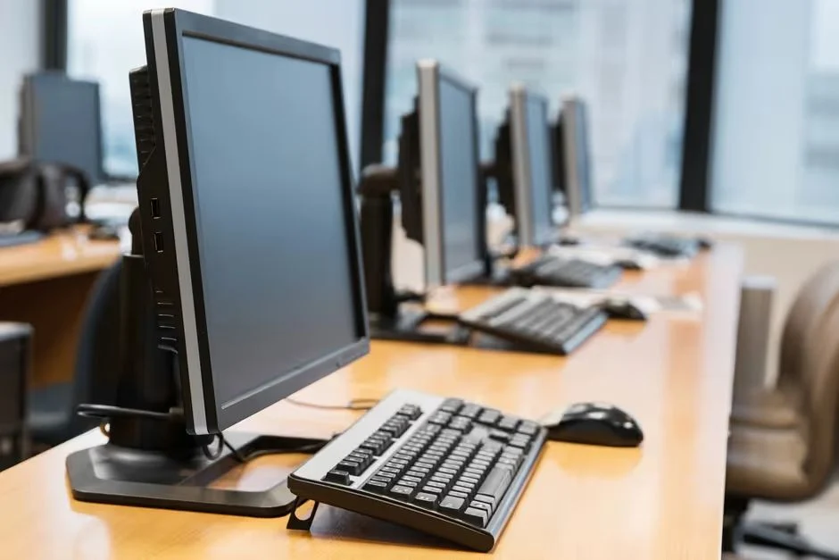 Row of empty computer workstations with monitors and keyboards in an office