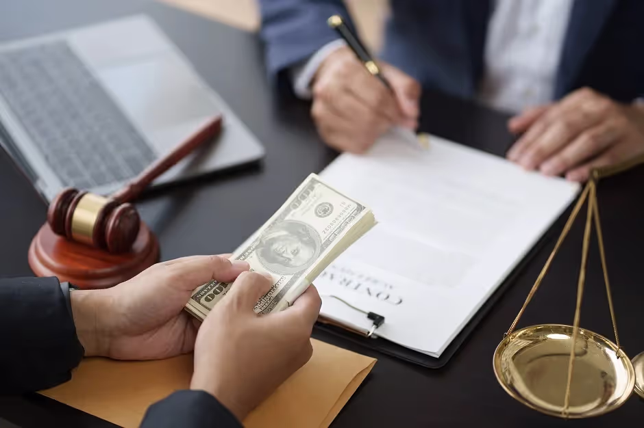 Hands passing cash over a contract beside a gavel and scales of justice