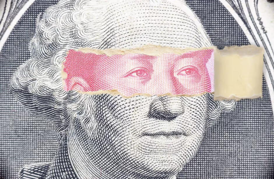 US dollar bill portrait with a strip of foreign banknote over the eyes