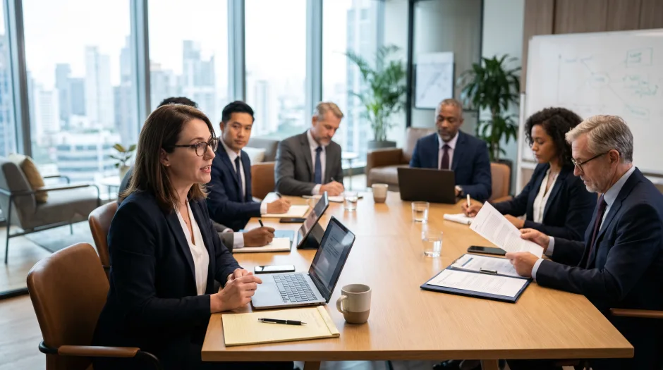 Longmont corporate lawyer leading a meeting with business clients around a conference table